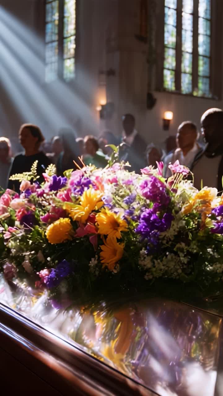Un momento solenne illuminato dalla luce del sole, mentre i dolenti si riuniscono in un'atmosfera serena per rendere omaggio accanto a una composizione floreale splendidamente decorata.