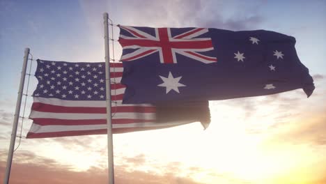 australia and united states flag on flagpole. australia and usa waving flag in wind. australia and united states diplomatic concept