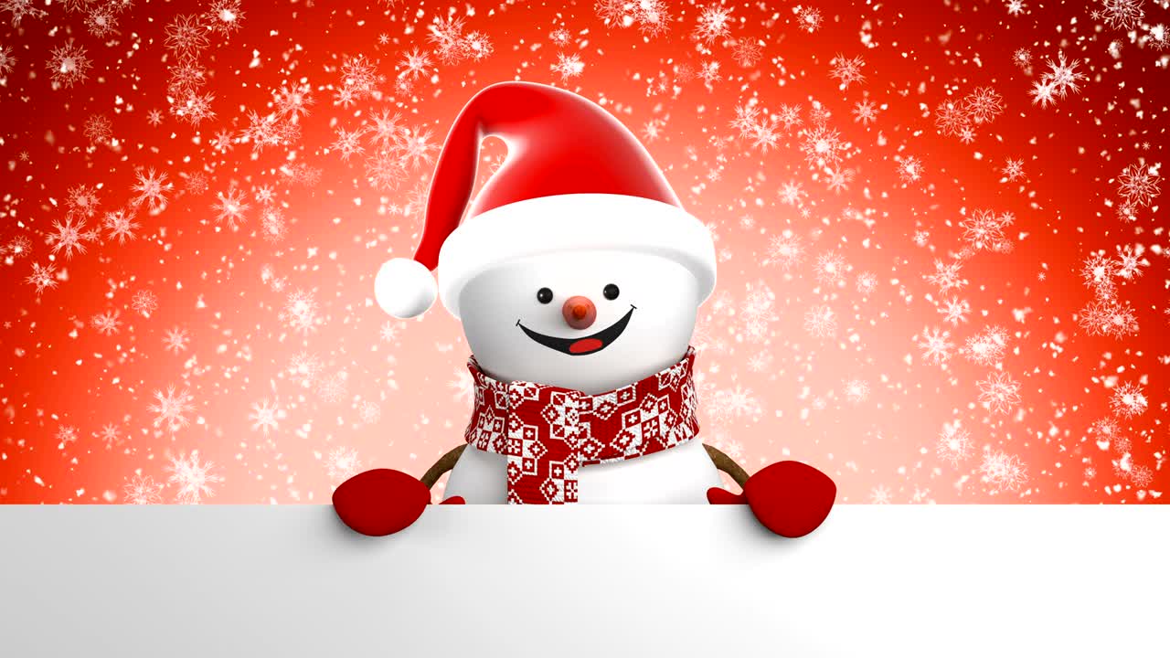 산타 모자에서 아름다운 행복한 스노우맨 손으로 인사하고 눈이 내리는 동안 미소. 3d 만화 애니메이션 녹색 스크린 알파 채널. 애니메이션 인사 카드. 새해 개념.