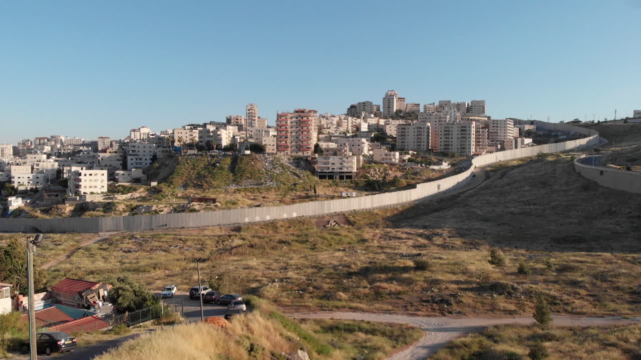 Israel Palestine security fence in Jerusalem aerial view