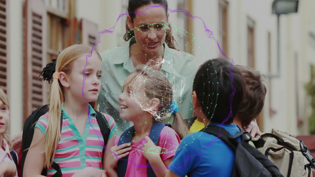 Teacher interacting with young students, digital network animation overlaying scene