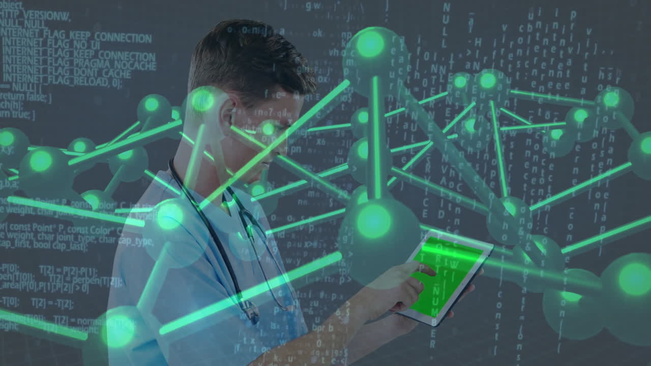 Using tablet with digital network, healthcare professional analyzing data in office