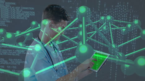 using tablet with digital network, healthcare professional analyzing data in office
