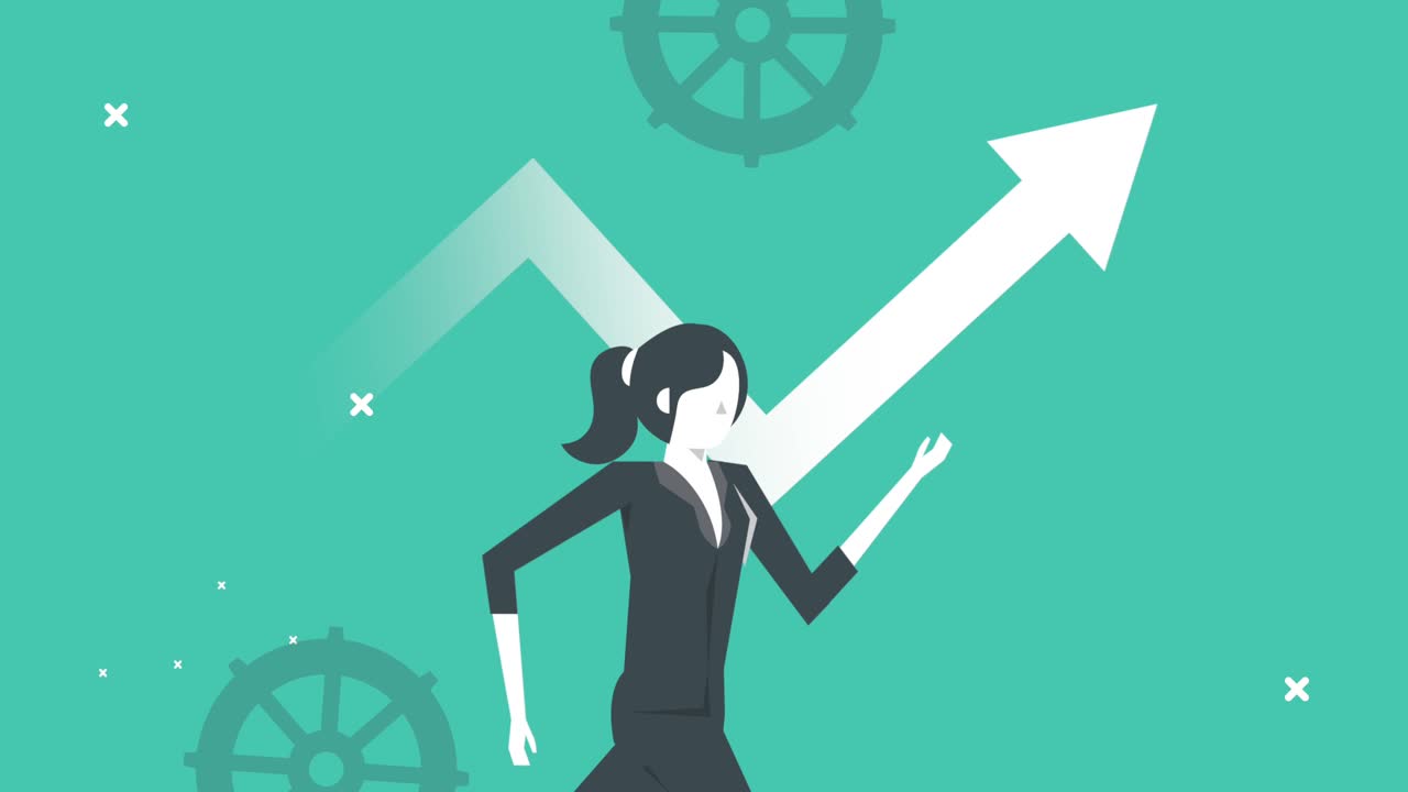 elegante mujer de negocios trabajadora corriendo con estadísticas flecha y engranajes