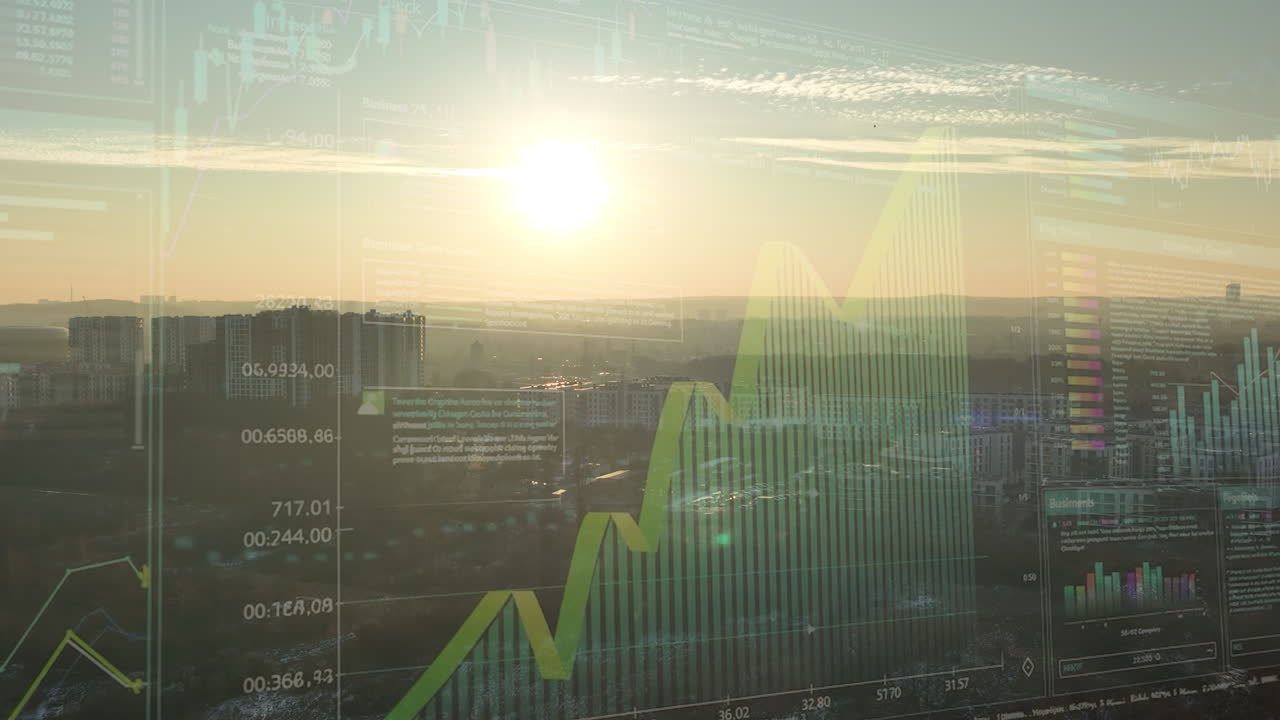 Sunrise over a modern city skyline with high-rises, overlaid with transparent financial charts and graphs, symbolizing growth and innovation