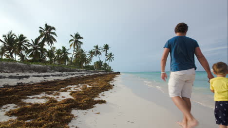 familia de tres caminando por la playa en los trópicos