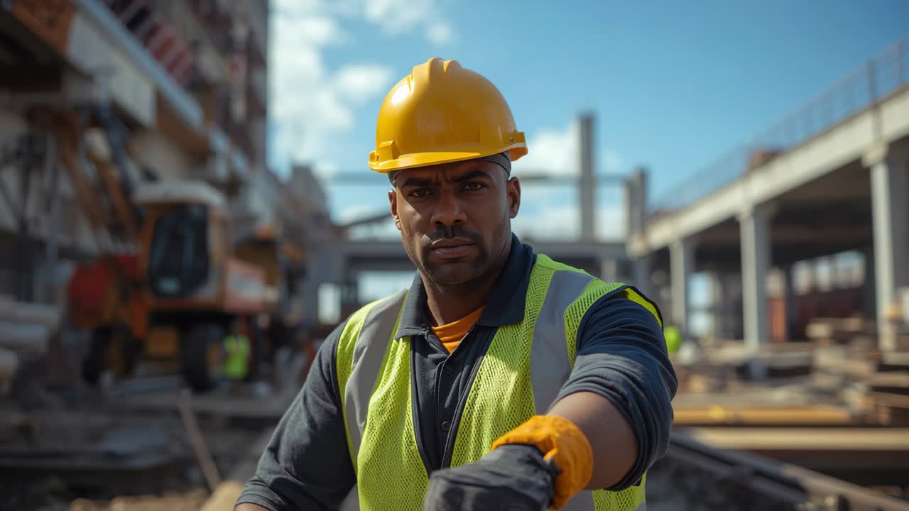 Tightening glove construction worker walking on beams on site wearing vest and preparing for task