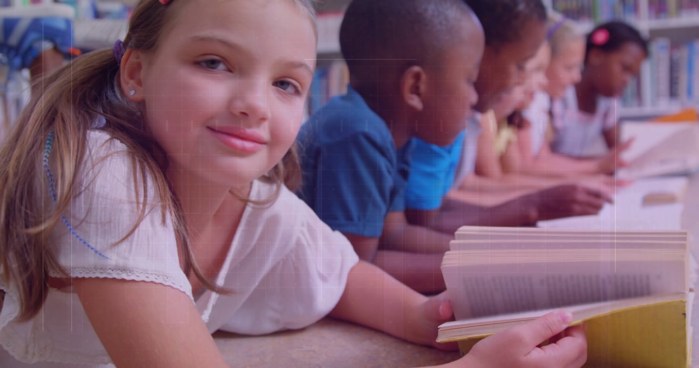 Close-up camera shifting, girl reading yellow book, turning pages, classmates focusing for reading