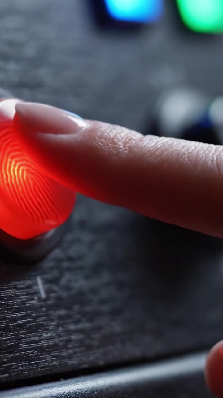 Primo piano di un pulsante rosso con tecnologia di riconoscimento delle impronte digitali su un pannello di controllo, che evidenzia le funzionalità di sicurezza e l'estetica del design nelle interfacce moderne.