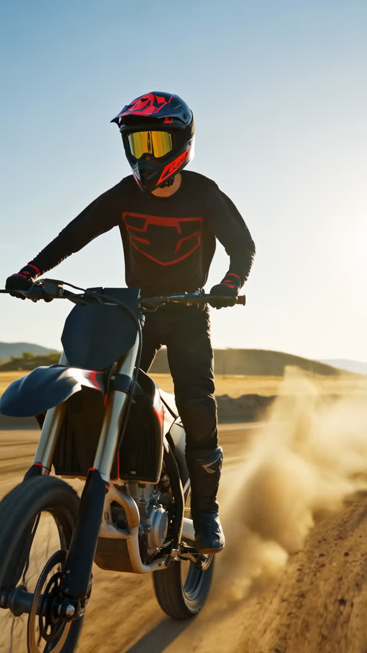 Motocross rider on a dirt track kicking up dust