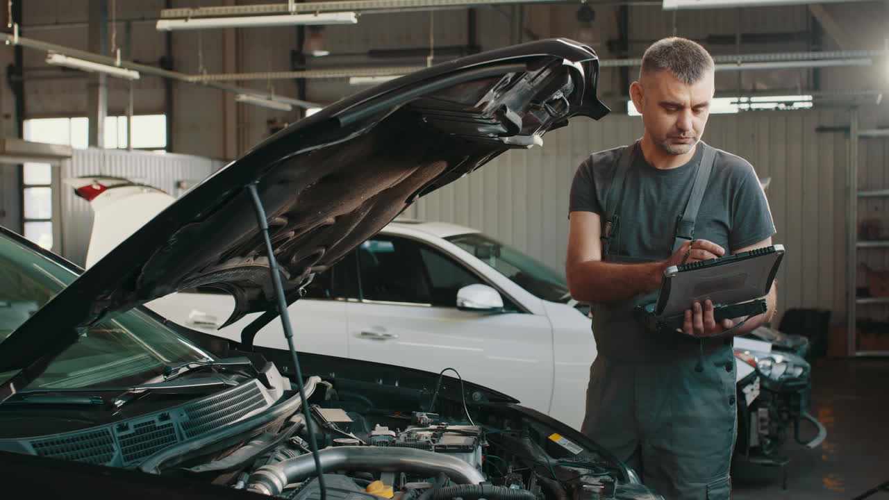 mecánico de automóviles diagnosticando un coche