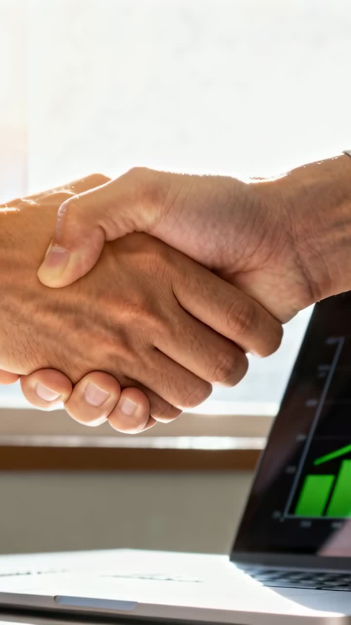 Vertical video: Shaking partners' hands after seeing green bar chart on laptop at desk, shirt cuff