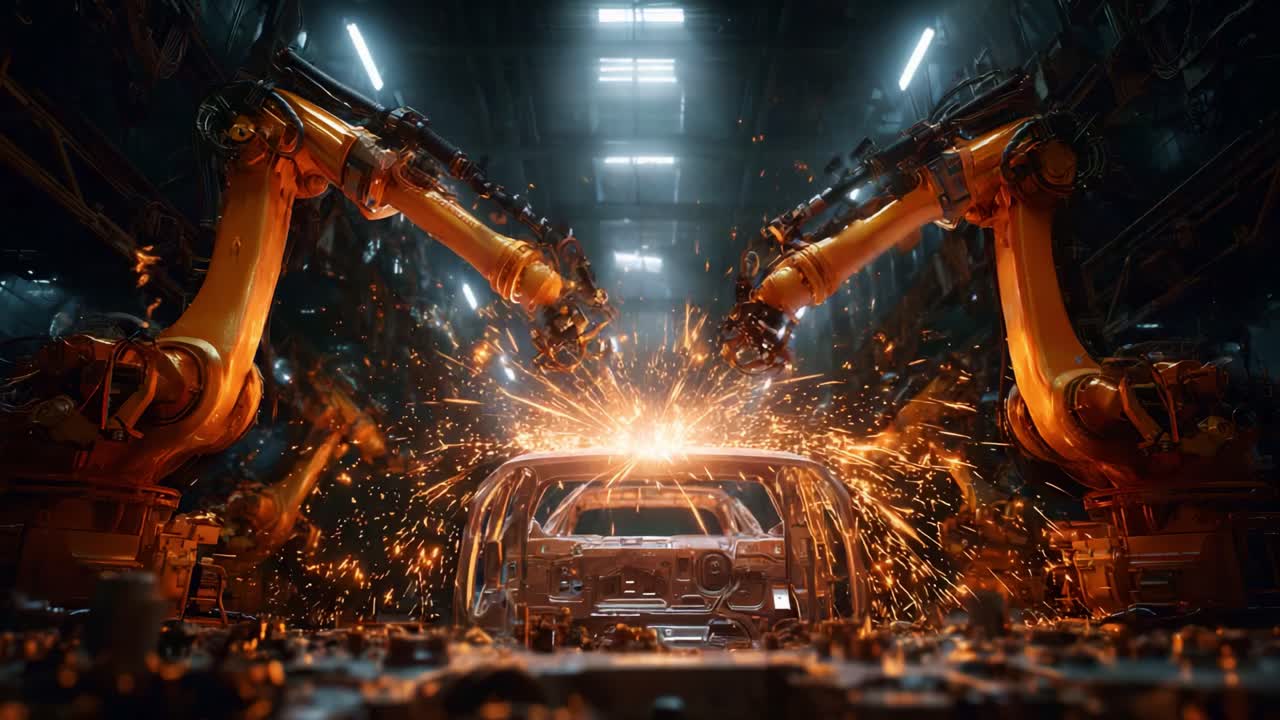 Automated robotic arms engaged in precision manufacturing within a high-tech industrial setting, creating sparks and smoke as they work on an automotive frame