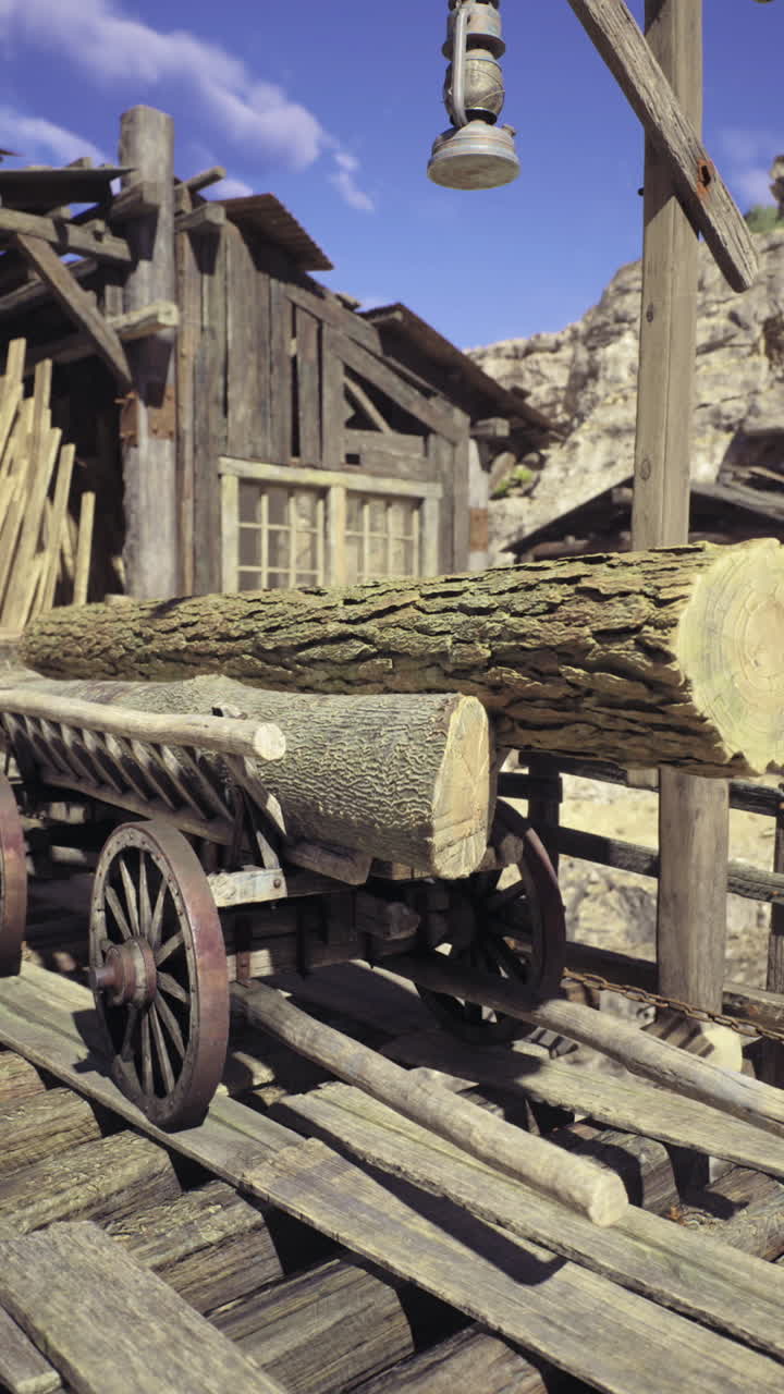 Log transport on wooden tracks at a rustic mining site amid rocky cliffs