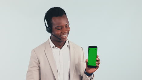 Call-center,-black-man-and-pointing-to-phone