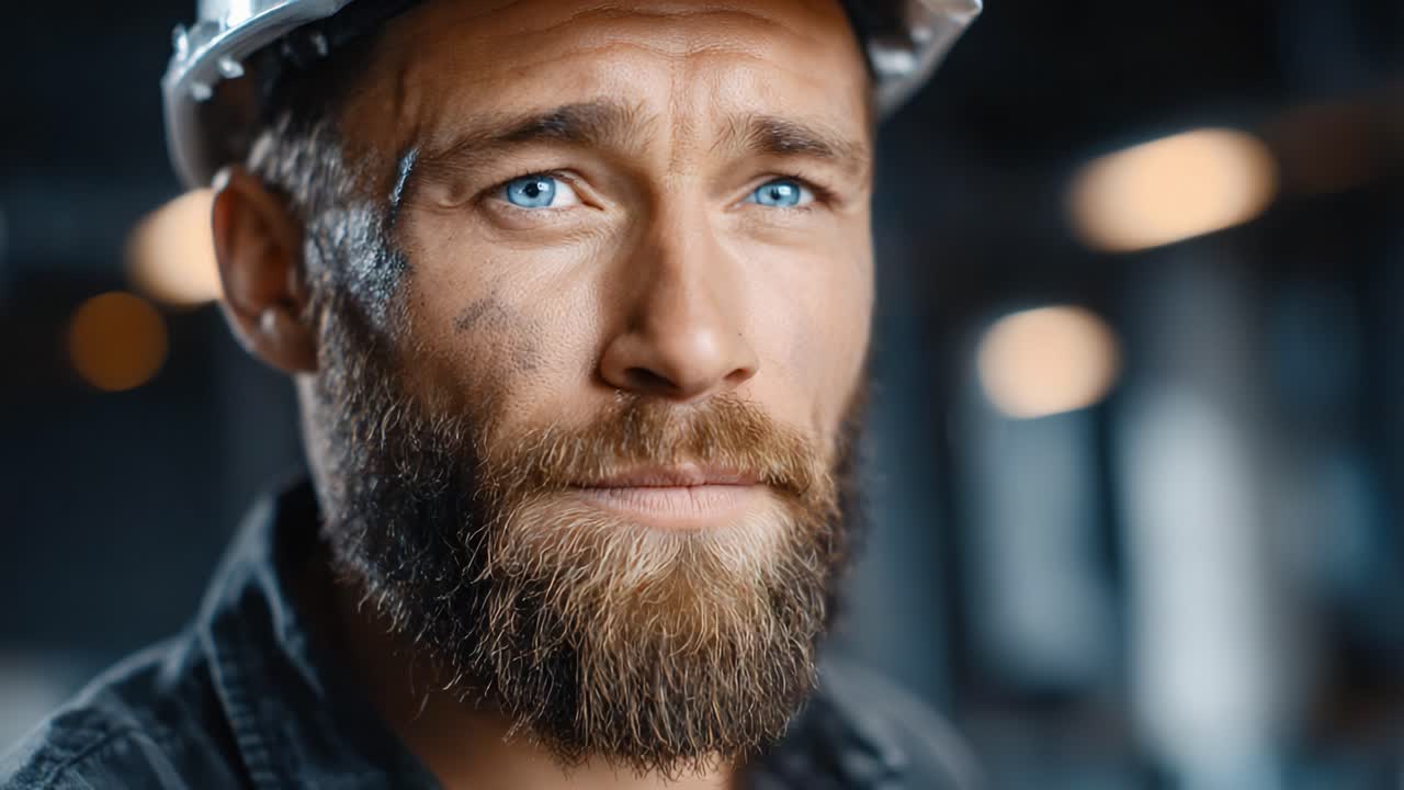 A Focused Construction Worker with a Protective Helmet and Striking Blue Eyes, Captured in Intense Close-Up, Reflecting Determination and Expertise in His Field