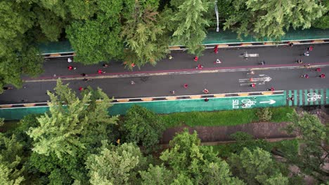 Toma-Aérea-De-Los-Corredores-Del-Maratón-De-La-Ciudad-De-México-Mientras-Pasan-Por-La-Avenida-Gandhi-En-El-Bosque-De-Chapultepec