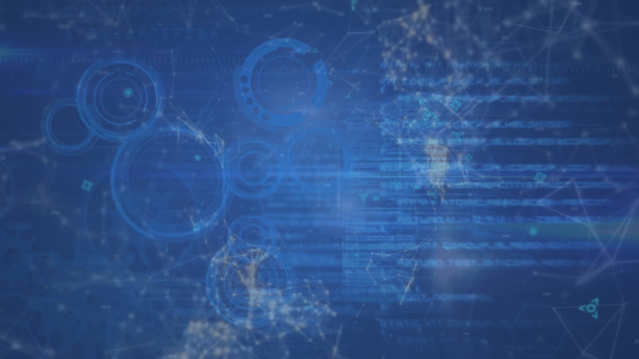 Animation of network of connections and data over blue background