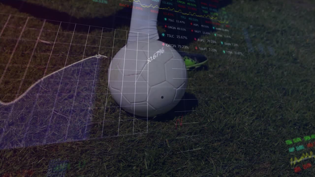 3D overlay forming around soccer ball before player's cleat compressing ball and updating metrics