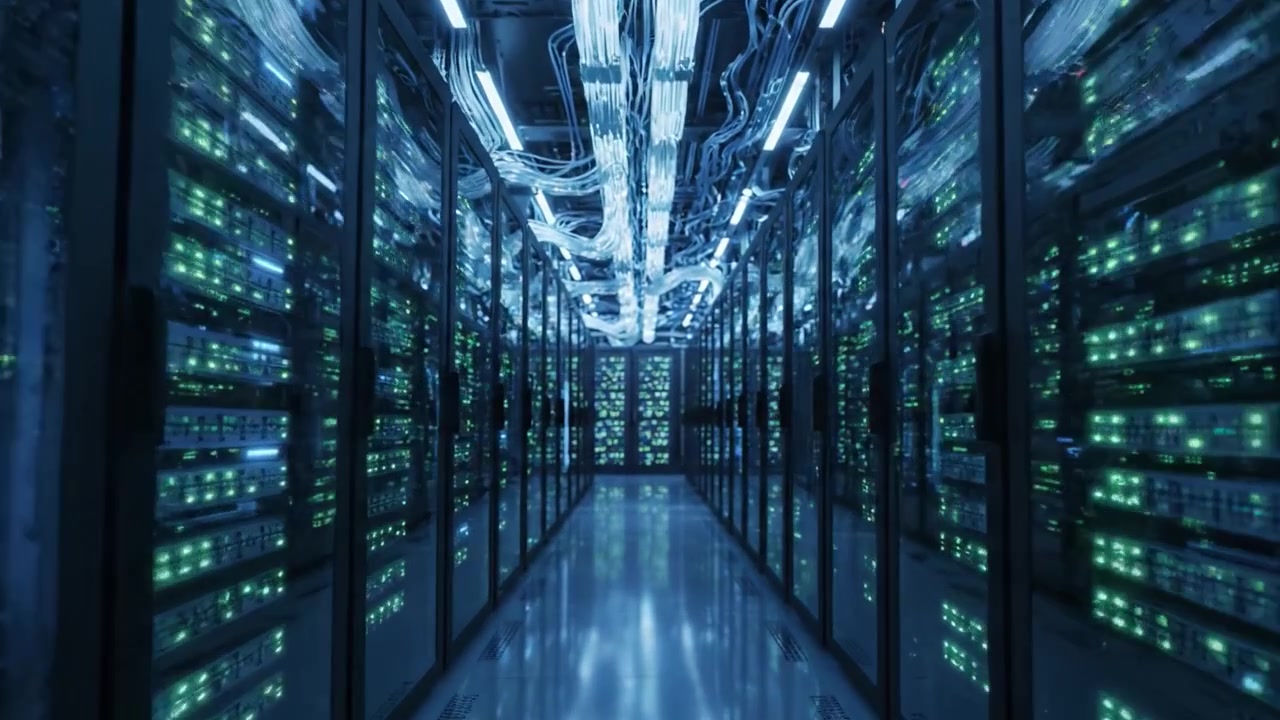 Et innblikk i et høyteknologisk datasenter: Opplyste serverrack med kompleks kabling som viser innovasjoner innen informasjonsteknologi og databehandling