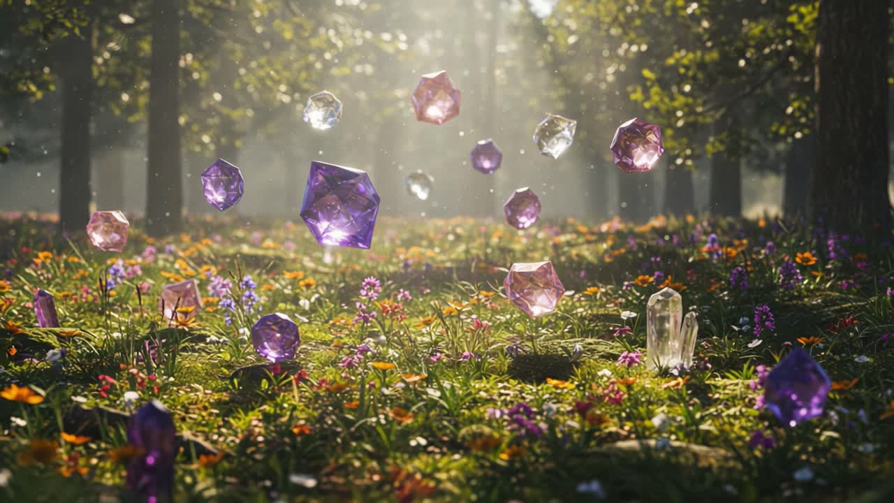 A Mystical Forest Scene Featuring Floating Crystals and Colorful Flowers Illuminated by Soft Sunlight, Creating an Enchanting and Serene Atmosphere of Natural Beauty