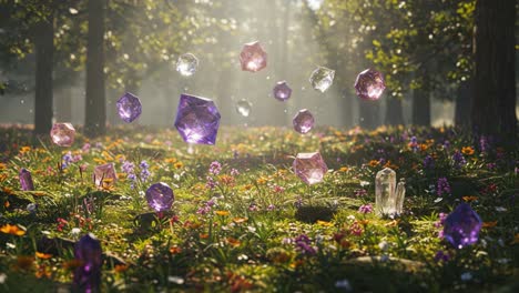a mystical forest scene featuring floating crystals and colorful flowers illuminated by soft sunlight, creating an enchanting and serene atmosphere of natural beauty