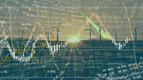 Animation-of-wind-turbines-moving-at-sunset-and-stock-exchange-graph-increasing-and-decreasing