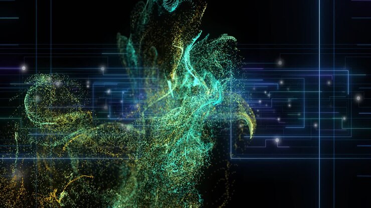 Golden yellow and turquoise particles coalescing swirling into streams weaving neon circuit fading