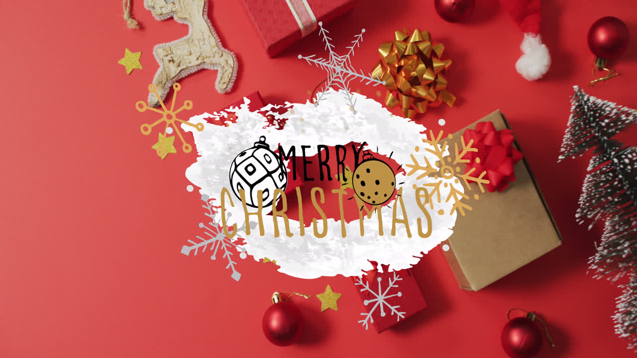 animación del texto de feliz navidad sobre las decoraciones navideñas