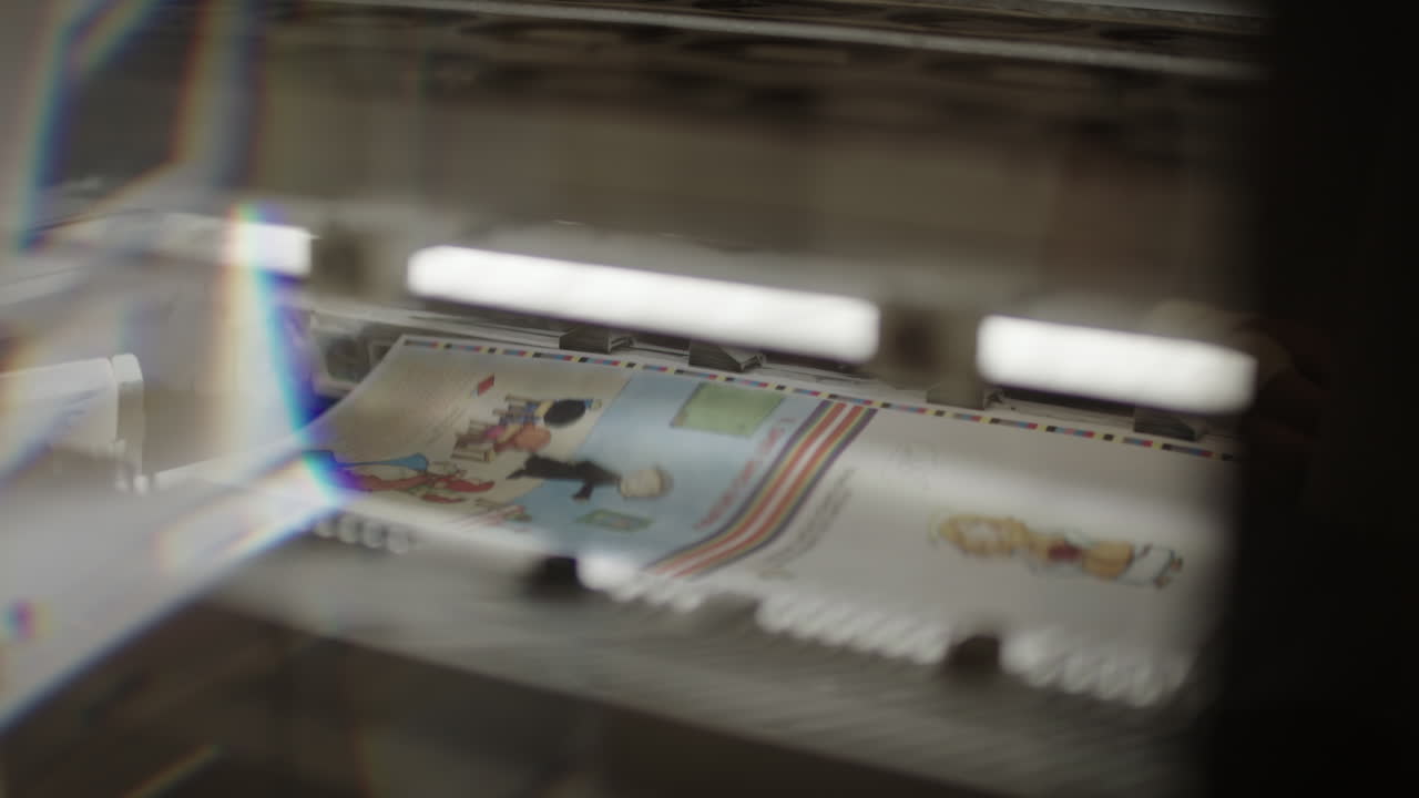 Printing machine stacking printed pages on top of each other, ligh shining under