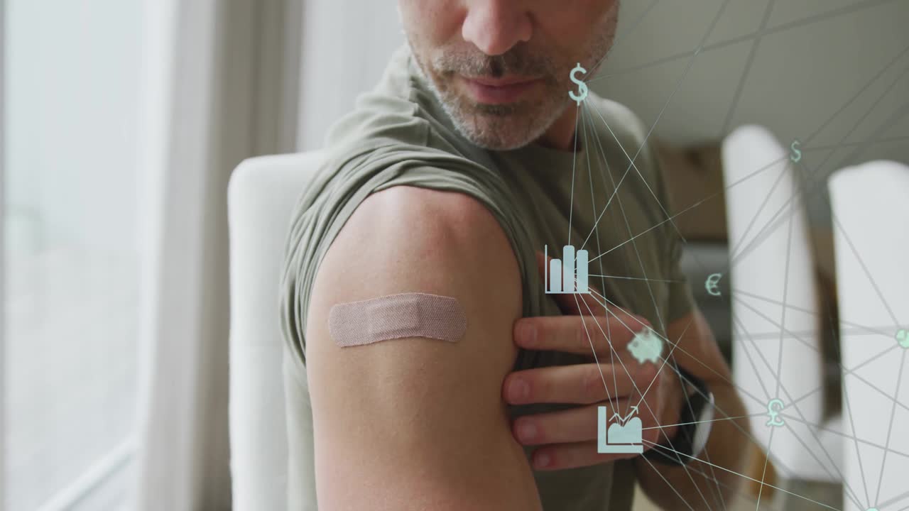 Middle-aged man pulling olive shirt sleeve smoothing sensor patch, creating financial data overlay