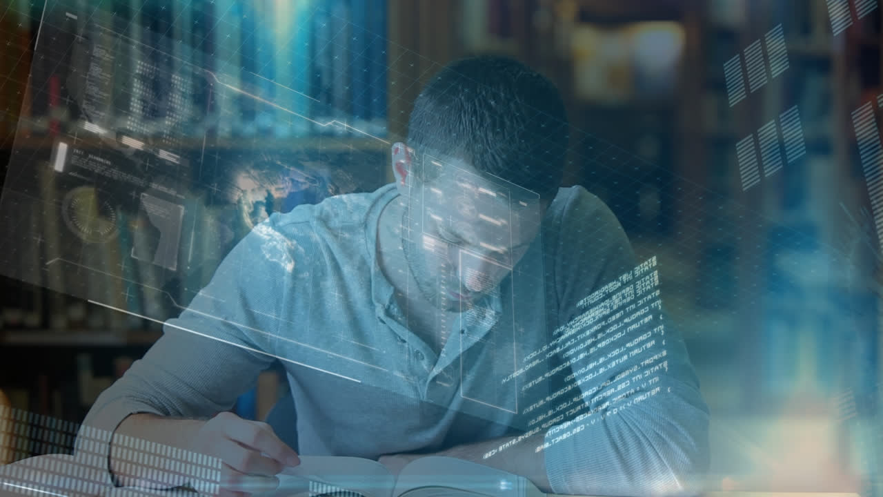 Animation of data processing over male student reading a book learning from home