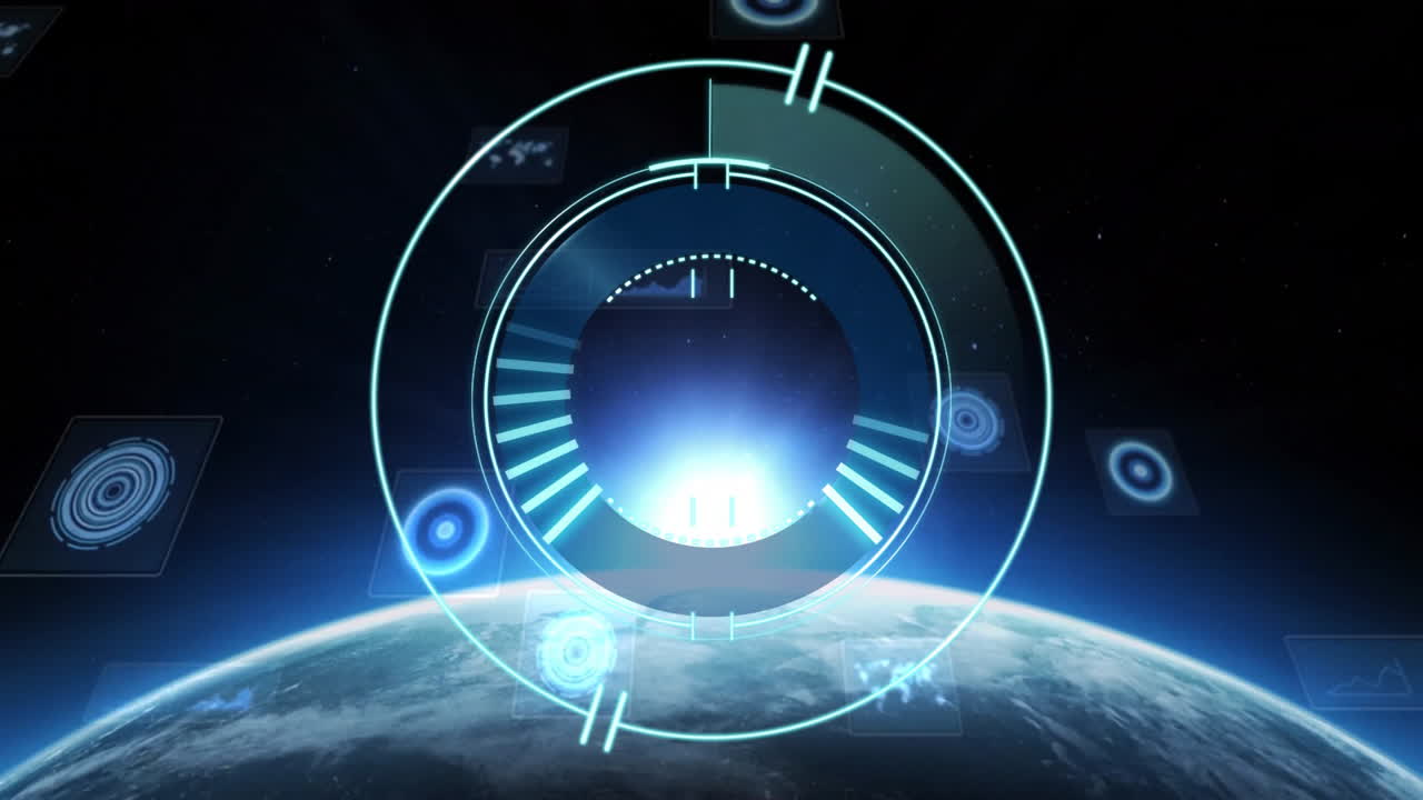 Animation of glowing circular interface elements over Earth from space