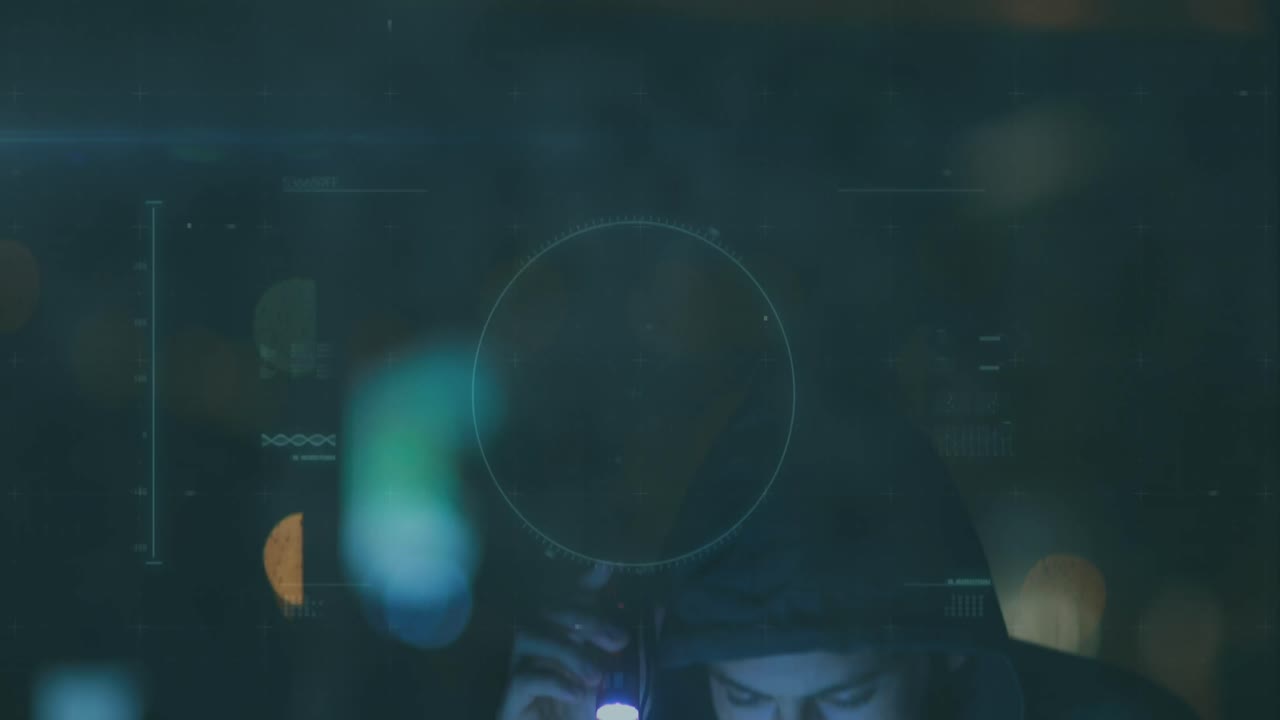 Animation of a hacker hooded man running away over a macro coronavirus COVID-19 cell analyzed