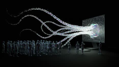crowd watches mesmerizing digital art display with holographic jellyfish in dark setting at interactive exhibit