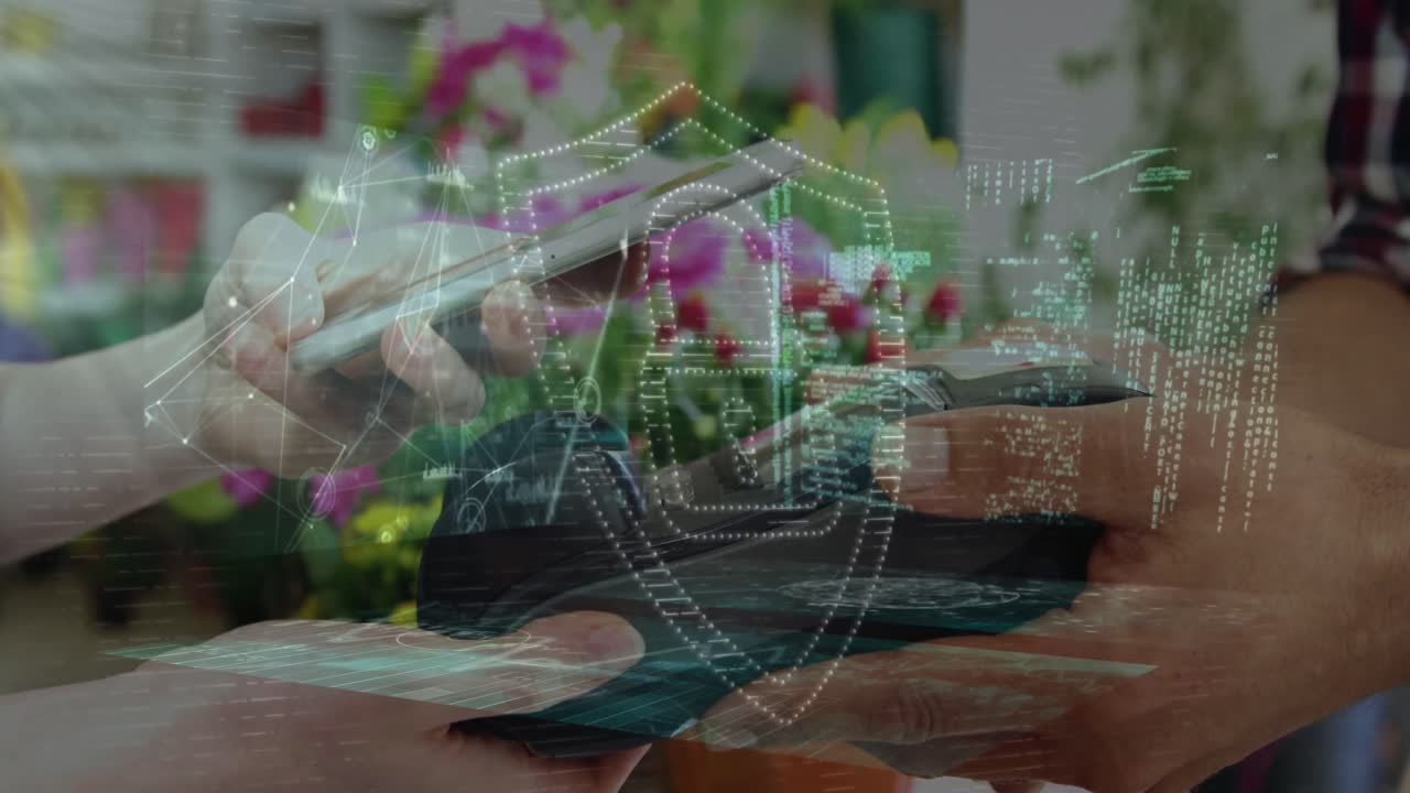 결제 터미널을 사용하는 사람들에 대한 디지털 인터페이스의 애니메이션