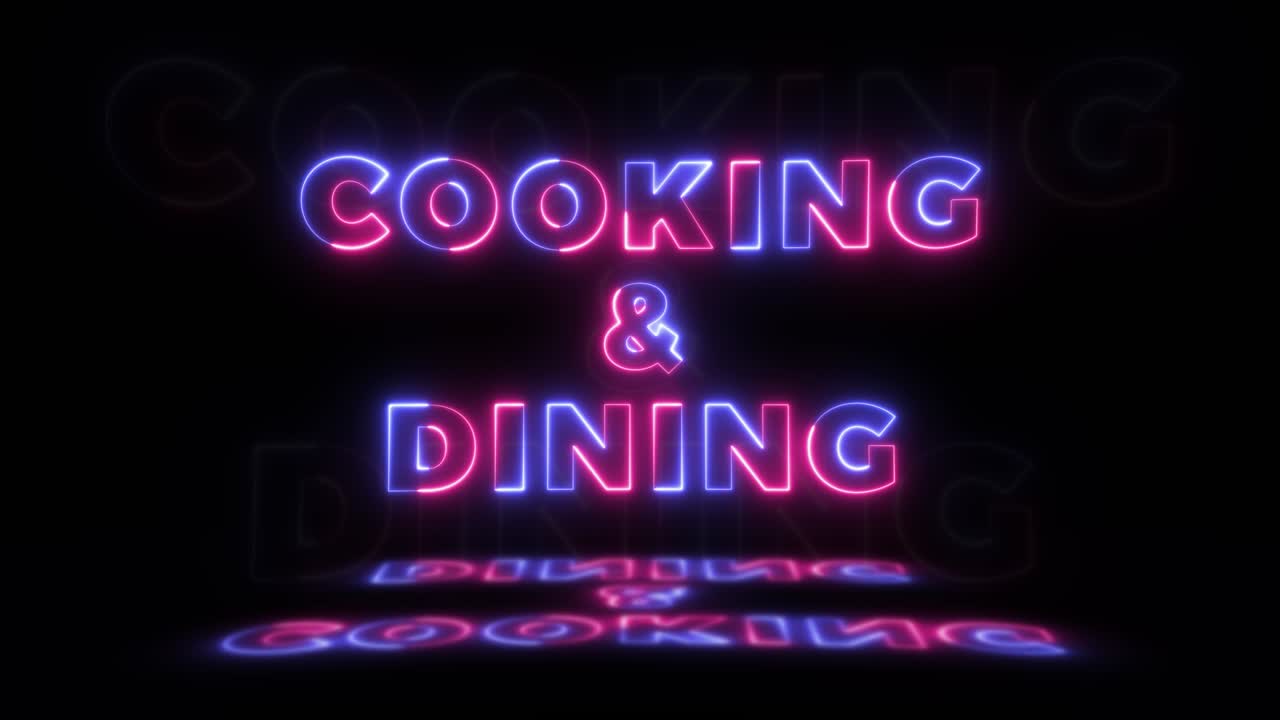 neón brillante palabra 'cocina y comedor' en un fondo negro con reflejos en un piso. signos de brillo de neón en gráfico de movimiento de bucle sin costuras