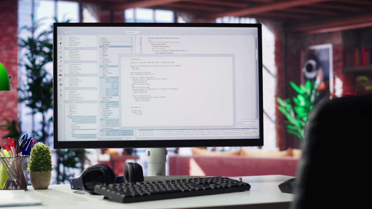 Vertical Video Home office with PC running terminal window for programming code