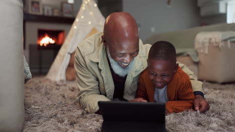 Night,-tablet-and-grandfather-with-child-in-home