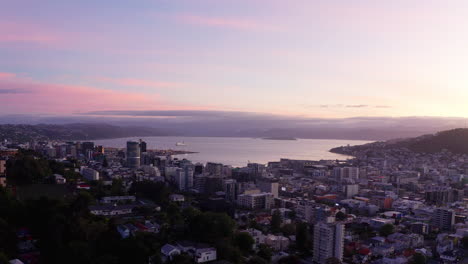 Drohnenaufnahme-Der-Stadt-Und-Des-Hafens-Von-Wellington-In-Neuseeland-Im-Morgengrauen