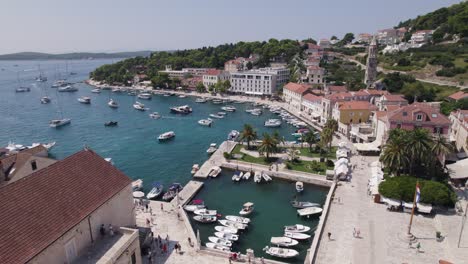 aerial pan view of historic port of hvar in croatia in adriatic sea