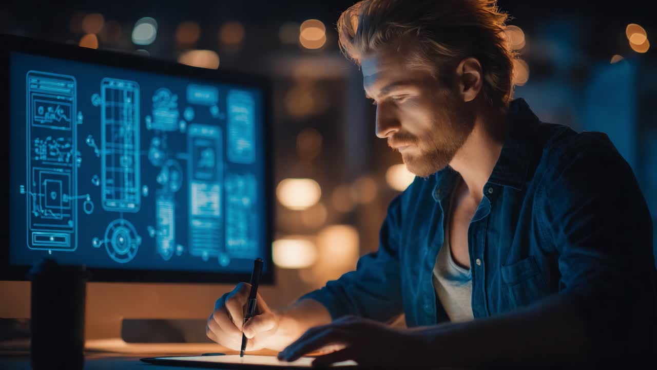 En fokusert person engasjert i kreativ design, som omhyggelig analyserer komplekse digitale tegninger og diagrammer på en dataskjerm under en sen kveldssesjon