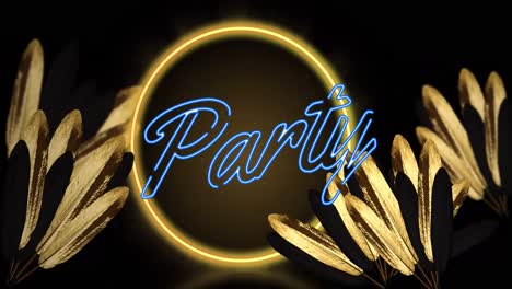 animation of party text and neon circle over leaves on black background