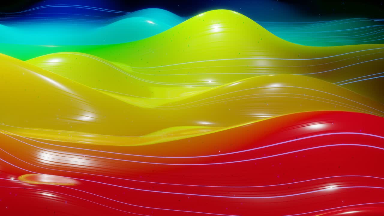 superficie 3d abstracta con hermosas olas, chispas luminosas y gradiente de colores brillantes, colores de arco iris y líneas de brillo. las olas corren en una superficie muy brillante y brillante con brillo brillante. animación en bucle 4k
