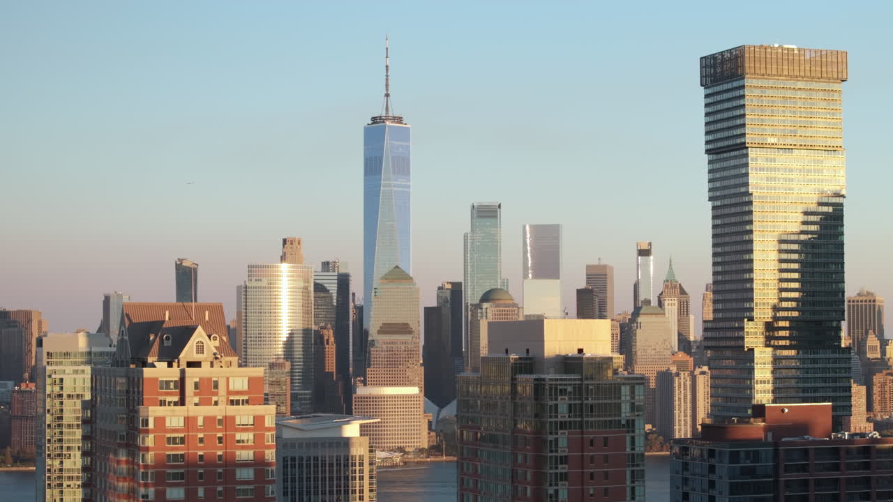 Aerial view of the World Trade Center at dusk. Shot during the autumn in Hoboken, New Jersey.