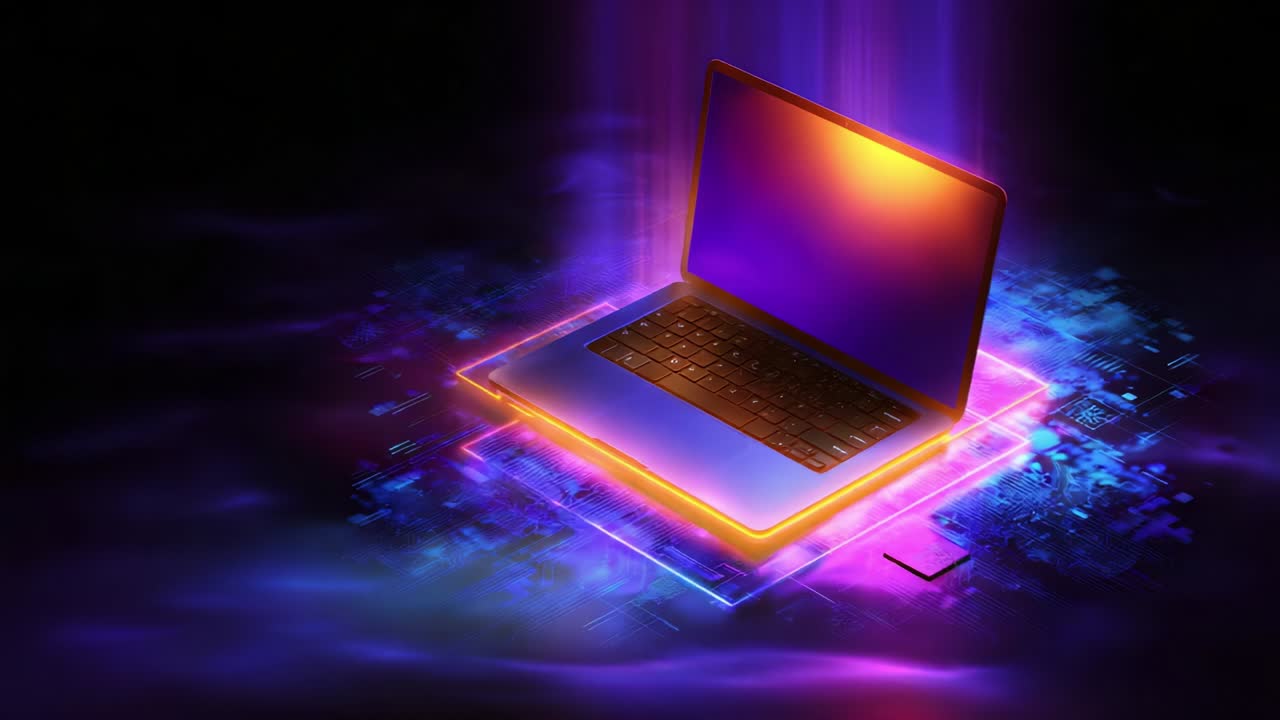 A stunning visual representation of a laptop emerging from a swirling digital network, surrounded by vibrant colors and illuminated effects, symbolizing innovation and technological advancement