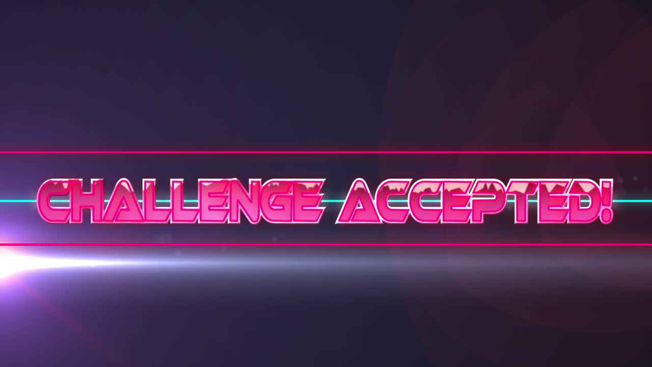 Animation of challenge accepted text over neon banner and light spot against black background