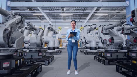 trabajadora que opera robots industriales en una fábrica moderna
