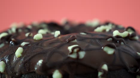 fresh chocolate donut on a pink background. chocolate donut