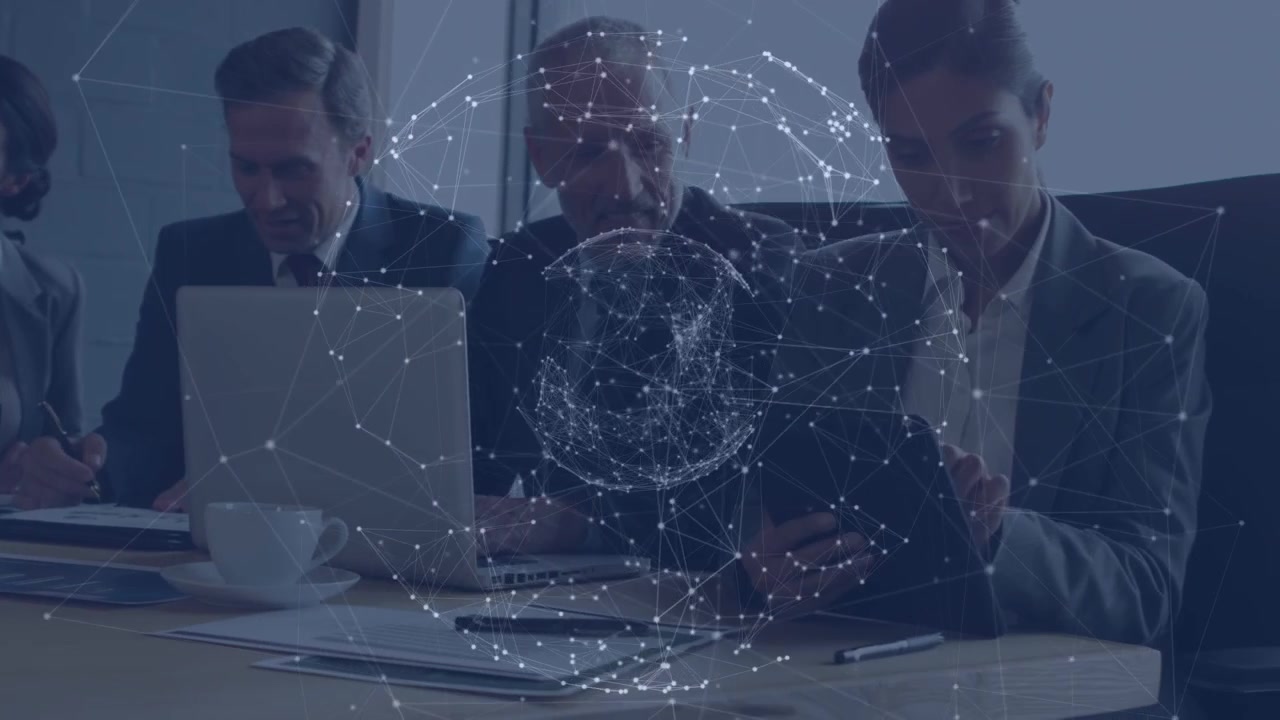 Business Team Collaborating in Office with Digital Network Overlay